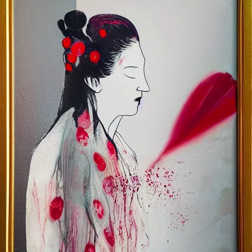 Image similar to “art in an Australian artist’s apartment, portrait of a woman wearing stained white cotton cloth, stained by fresh raspberries and strawberries and blueberries, white wax, edible flowers, Japanese pottery, Australian native white and red flowers ikebana, black walls, acrylic and spray paint and oilstick on canvas”