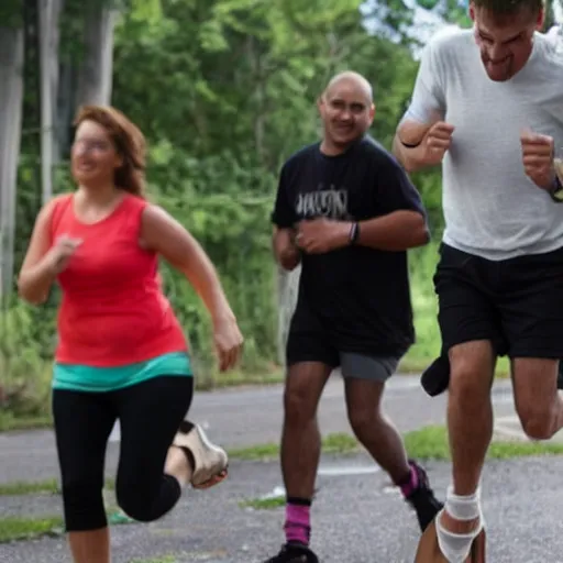 Prompt: people running away from a guy wearing socks and sandals.