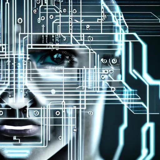 Image similar to portrait photo of a cybernetic cyborg half human face half robot face, circuitry, high tech, future