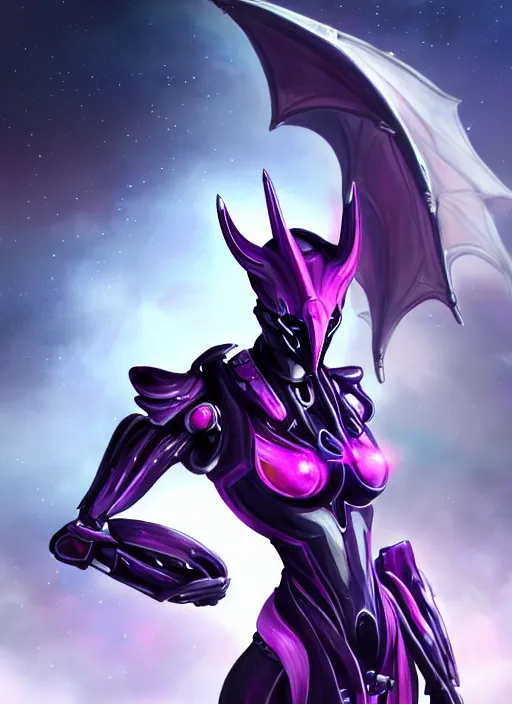 Image similar to cinematic close shot, galactic sized goddess, proportional stunning beautiful hot female warframe, sleek mecha female dragon head, metal ears, led purple eyes, smooth fuschia skin, sleek silver armor, floating in space, holding a galaxy, epic proportions, epic size, epic scale, furry art, dragon art, giantess art, warframe fanart, furaffinity, octane