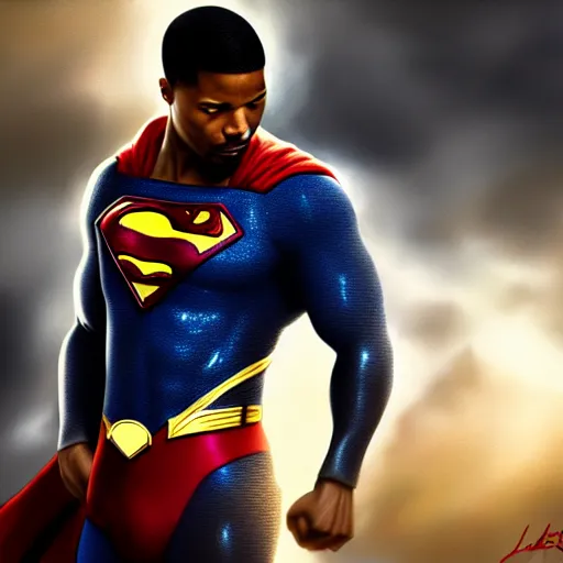 Image similar to michael b jordan as superman, digital painting, extremely detailed, 4 k, intricate, brush strokes, mark arian, artgerm, bastien lecouffe - deharme