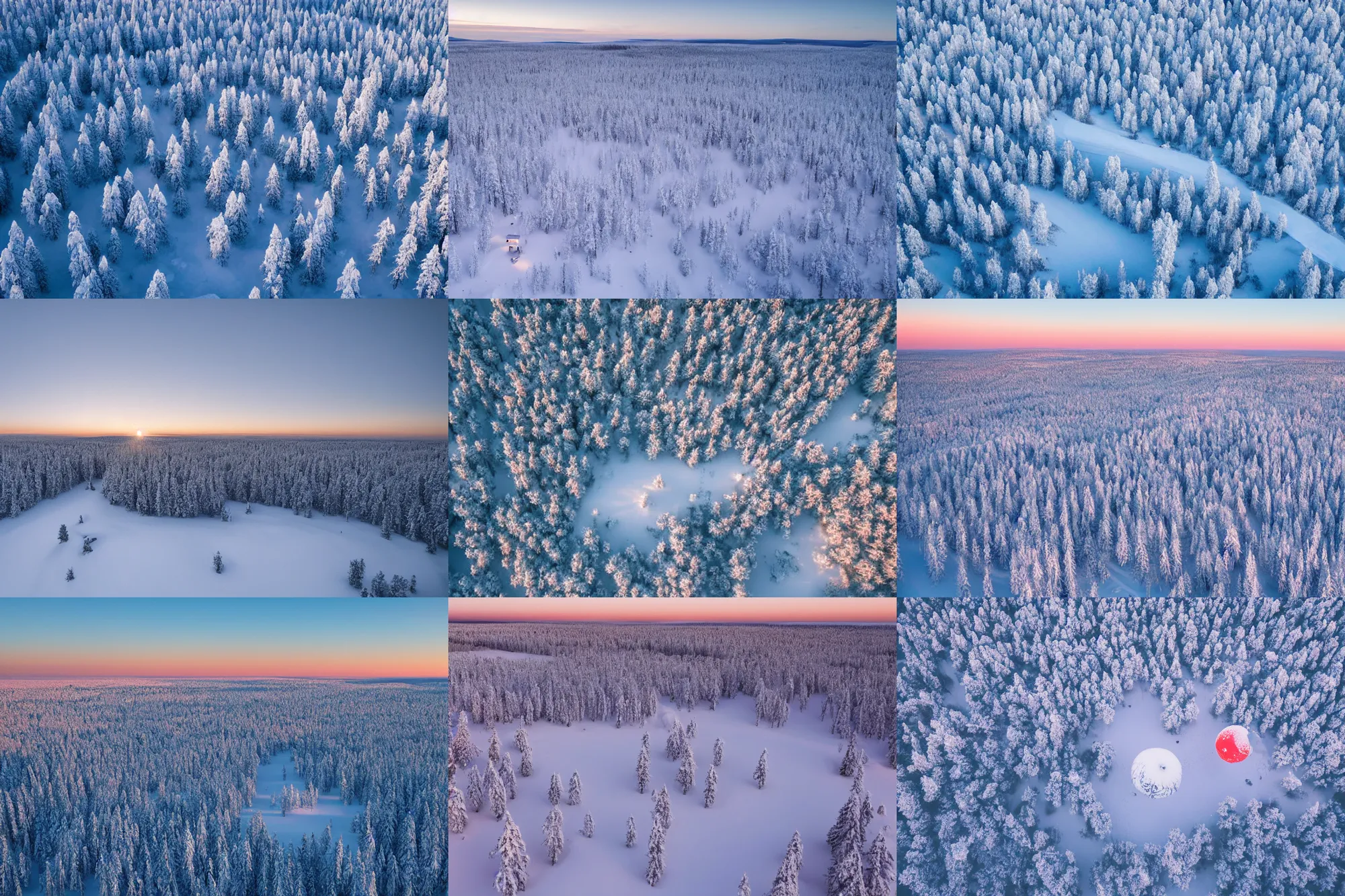 Prompt: aerial photography, lapland, cannon snow covered trees, hot air balloons, dusk