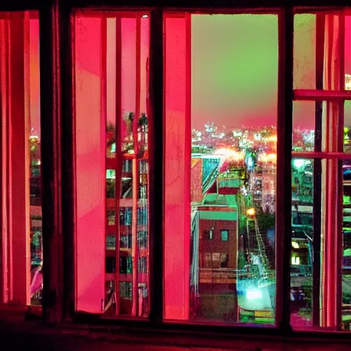 Image similar to view from window of nighttime city neon lights red neon