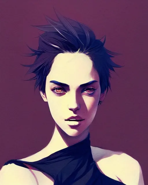 Prompt: a ultradetailed beautiful portrait painting of a stylish woman with short hair, she is wearing a black tank top and jeans, by conrad roset, greg rutkowski and makoto shinkai trending on artstation