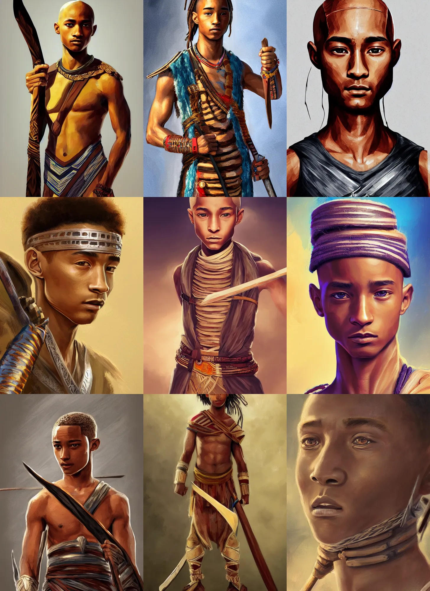 Prompt: portrait bald young jaden smith as ancient libu warrior, striped cloth, holding khopesh, intricate, elegant, highly detailed, digital painting, artstation, concept art, smooth, sharp focus, illustration, rutkowski