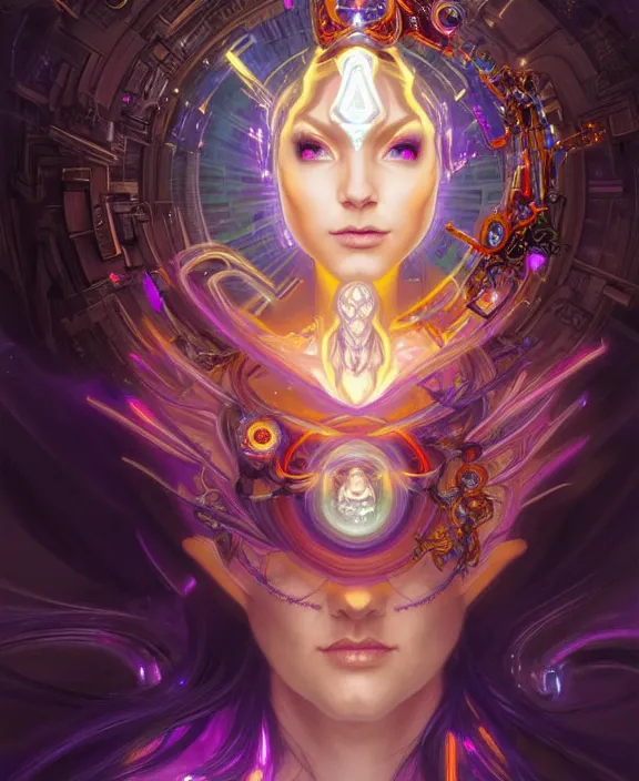 Image similar to a whirlwind of souls rushing inside the metaverse, half body, glowin eye, tiara with sapphire, pharaoh, android, cyborg, cyberpunk face, d & d, fantasy, intricate, elegant, highly detailed, colorful, vivid color, digital painting, artstation, concept art, art by artgerm and greg rutkowski and alphonse mucha and ruan jia