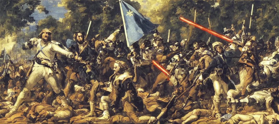 Image similar to flag, quebec fleurdelise, blue fleur - de - lis, liberty leading the people, french revolution, eugene delacroix, jedi, lightsaber, ewoks, at - st, tie - fighter, endor forest, oil on canvas