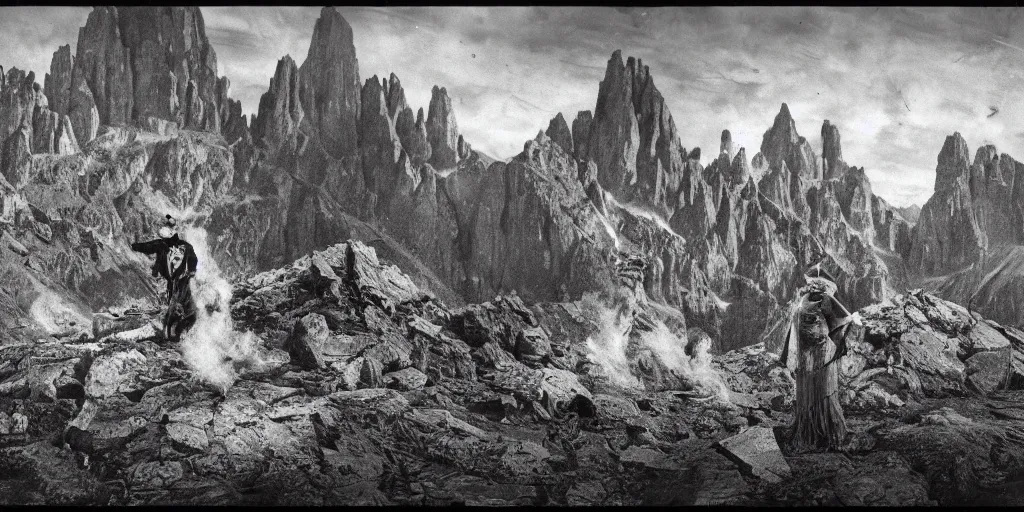 Image similar to 1920s photography of witch-hunt, dolomites in the background, occult signs, witch burning, pyre, solstice fire, alp, dolomites, alpine, detailed intricate insanely detailed octane render, 8k artistic 1920s photography, photorealistic, black and white, chiaroscuro, hd, by David Cronenberg, Raphael, Caravaggio