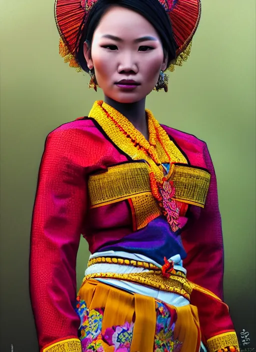 Prompt: photo of a gorgeous lao woman wearing a traditional laos dress in the style of stefan kostic, realistic, sharp focus, 8 k high definition, insanely detailed, intricate, elegant, art by stanley lau and artgerm