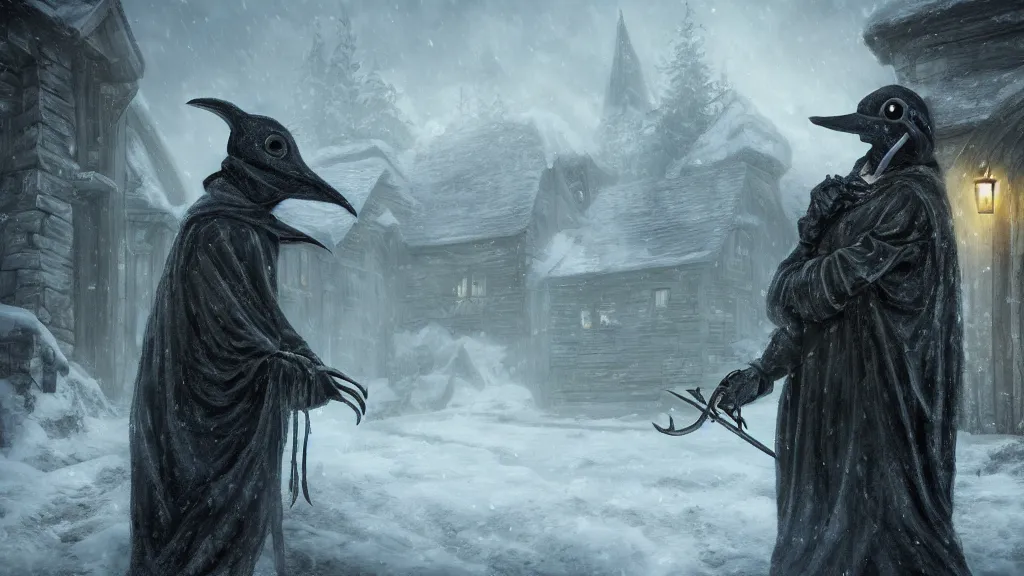 Prompt: a plague doctor weeping outside a house, fantasy artwork, nordic scenery, snowy green mountain, hd, hdr, ue 5, ue 6, unreal engine 5, cinematic 4 k wallpaper, 8 k, ultra detailed, high resolution, artstation, award winning