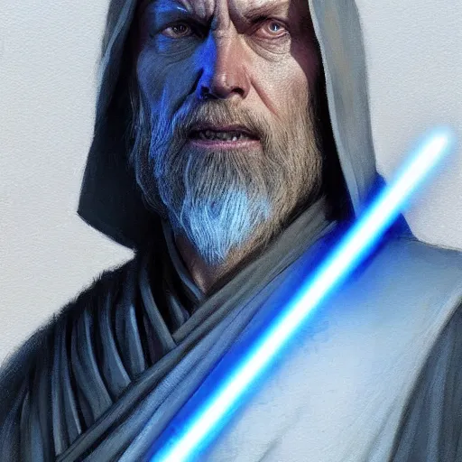 Image similar to portrait of a man by greg rutkowski, old jedi master, he looks like cameron monaghan, beard, wearing a blue jedi robes, star wars expanded universe, he is about 8 0 years old, highly detailed portrait, digital painting, artstation, concept art, smooth, sharp foccus ilustration, artstation hq