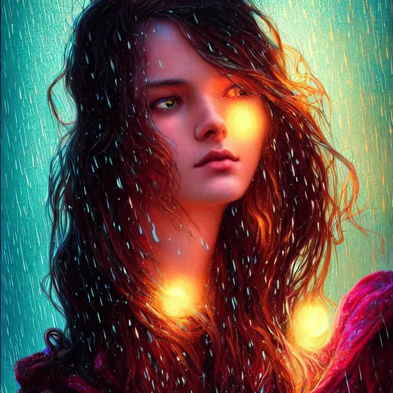 Image similar to bright asthetic portrait LSD glowing backlit rain on face and wet hair, fantasy, intricate, elegant, dramatic lighting, highly detailed, lifelike, photorealistic, digital painting, artstation, illustration, concept art, smooth, sharp focus, art by John Collier and Albert Aublet and Krenz Cushart and Artem Demura and Alphonse Mucha