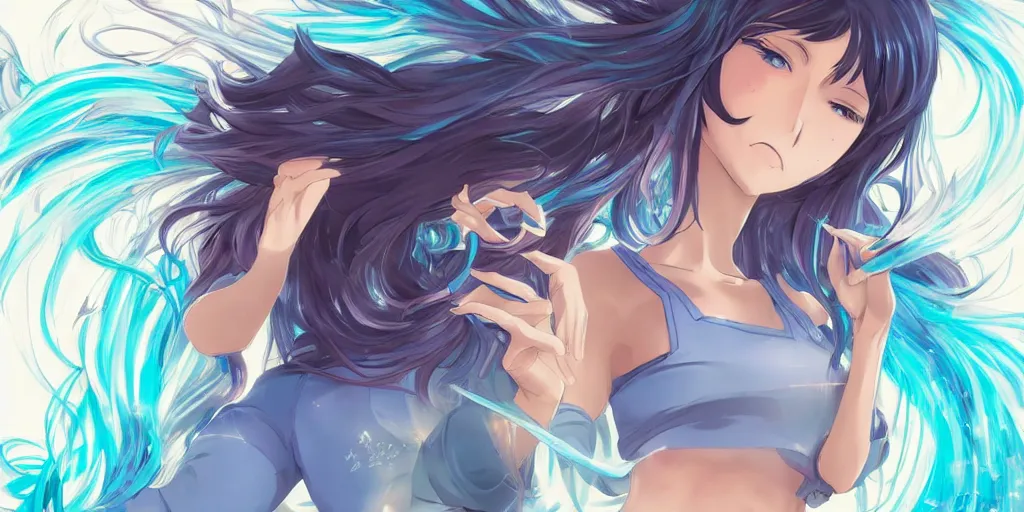 Image similar to anime key visual of a pretty girl with blue flowing hair, wearing sweatpants and a crop top, drawing a portal to another dimension in her room, intricate, lofi feel, magical, highly detailed, digital art, artstation, smooth, hard focus, illustration, art by artgerm
