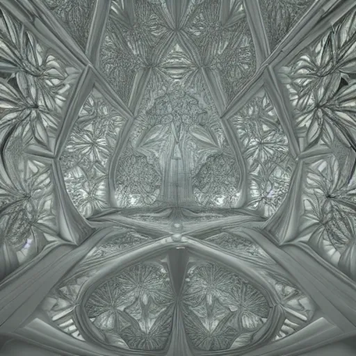 Prompt: a hyperrealistic 3 d render of a sprawling mandelbrot fractal cathedral interior populated by mandelbrot fractals, unreal engine, carved ivory, carved soap, white color scheme, physically based render, volumetric lighting, octane render, glowing, carved marble, opalescent, sacred geometry, catholicpunk, stark, 8 k, ultra detailed