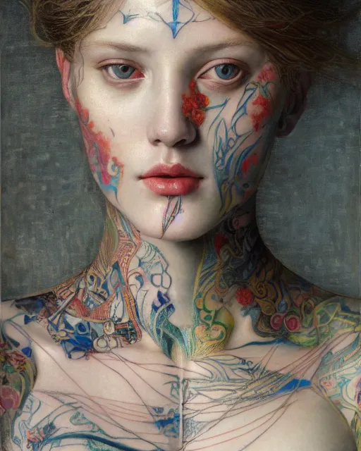 Prompt: close up of a beautiful young blonde girl with colourful intricate tattoos, by edgar maxence and caravaggio and michael whelan and delacroix style, artistic, intricate drawing, light brazen, realistic fantasy, extremely detailed and beautiful aesthetic face, 8 k resolution, dramatic lighting