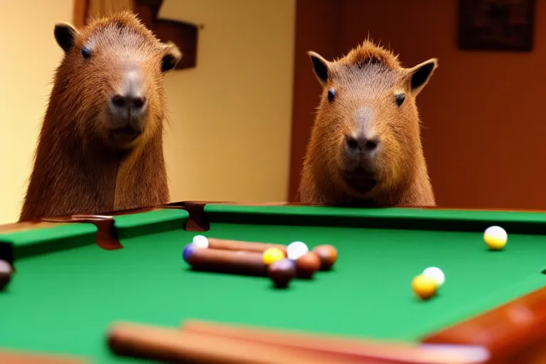 Prompt: capybaras sitting at pool table contemplating life and smoking cigars