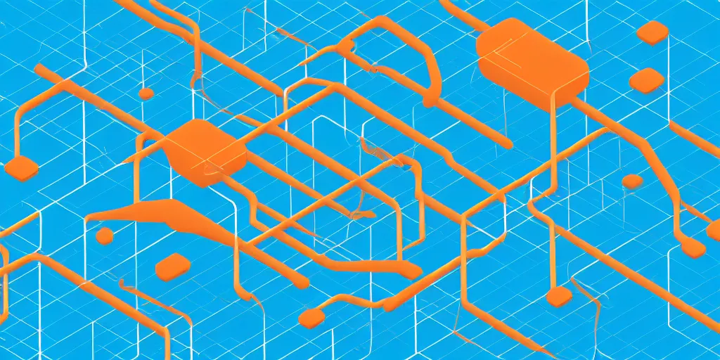 Prompt: Network of servers and computers, cloud server, ship, sea, fish, isometric view from above. Minimalistic design, contemporary design, infographics. Logo, Abstract Design. Blue, cyan and orange palette. Vivid, 8K, Epic, Masterpiece