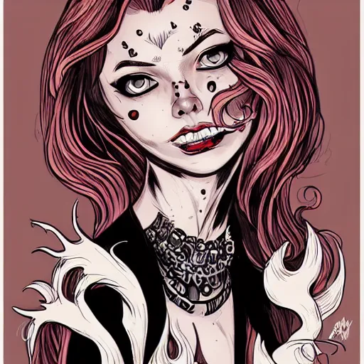 Image similar to princess of darkness, style of mcbess, rutkowski, artgerm comic, piercing eyes, long glowing red hair