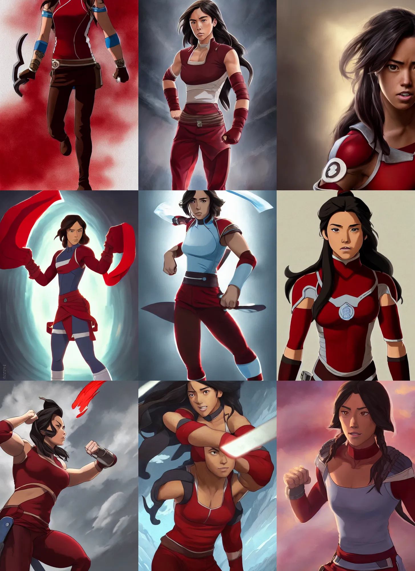 Prompt: a portrait of chloe bennet as live action korra, muscular, wearing red attire, white bandage tape on fists, medium length black hair, red phoenix tattoo on back, serious, style by donato giancola, wayne reynolds, jeff easley dramatic light, high detail, cinematic lighting, artstation, dungeons and dragons