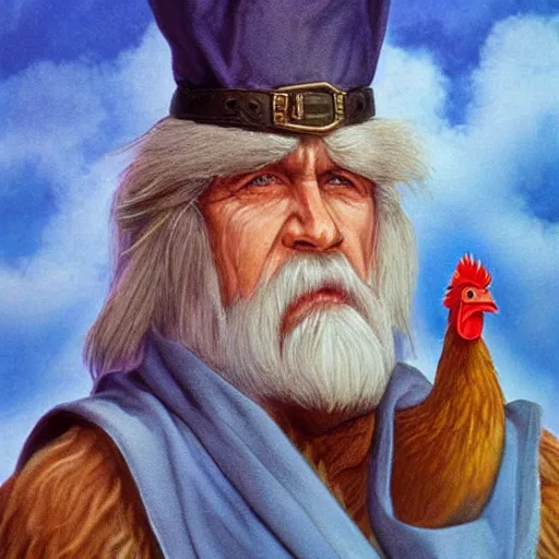 Prompt: concept art portrait of wizard with a long white beard and a wizard hat holding a pet chicken, wearing a blue robe, dungeons and dragons, by Larry Elmore and John Howe and Alan Lee, trending on ArtStation, detailed, cinematic