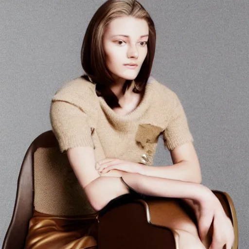 Prompt: close up of face of female fashion model, sitting on chair, beige colors, official jil sander and valentino editorial, highly detailed