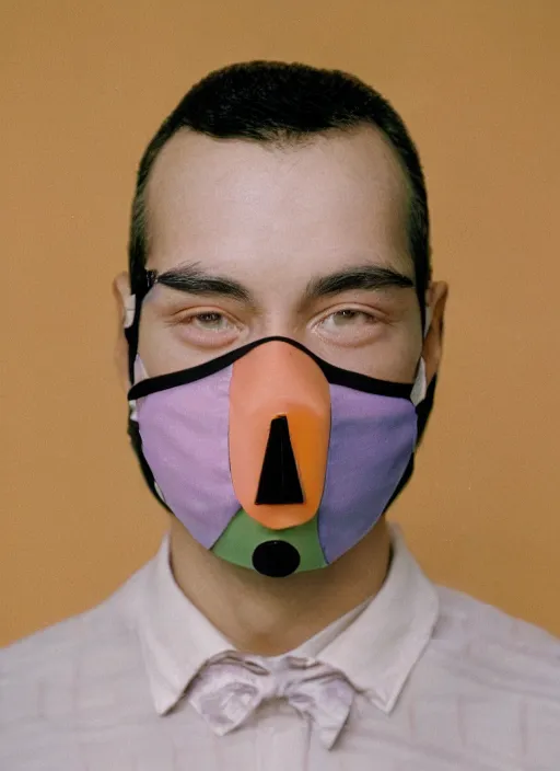 Prompt: a fashion portrait photograph of a man wearing a mask made of small spheres designed by balenciaga, 3 5 mm, pastel, color film camera,