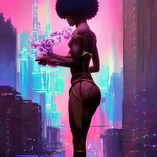 Prompt: afro - cyberpunk deities unseen amongst their creations, a society manifesting dreams with cosmic ancestral magic in a post - modern techno world | hyperrealistic oil painting | by makoto shinkai, ilya kuvshinov, lois van baarle, rossdraws, basquiat | afrofuturism, in the style of surrealism, trending on artstation | red and black color palette