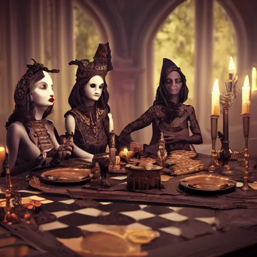 Image similar to dark witches sitting at a table doing a ritual. Ornate details, award winning. Octane render, 4k, 8k, unreal 5, very detailed, hyper control-realism, trending on artstation.”