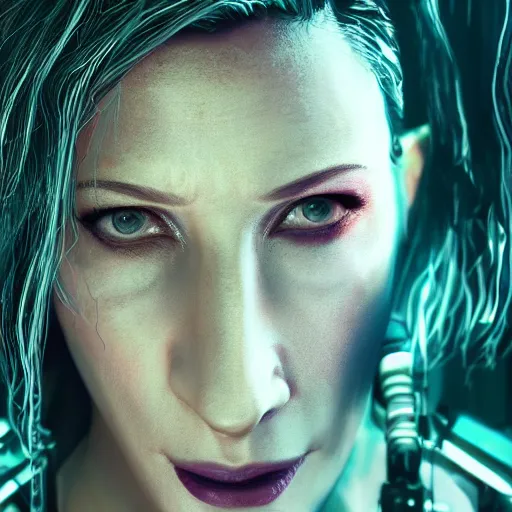 Prompt: cate blanchett portrait, cyberpunk 2 0 7 7, cyberpunk judy alvarez, photorealistic, ultra detailed, neon, octane, bokeh, cinematic lighting, cyber, cyberpunk city, studio quality, feature, scars, cyberface, 8 k