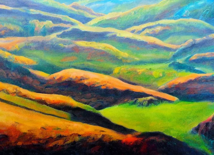 Image similar to figurative painting, landscape, hills as gorges