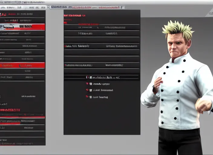 Image similar to 3 d model of gordon ramsay character in fighting game, stylized 3 d graphics, hdr, ultra graphics, ray tracing, 4 k image,'character selection screen '!!!