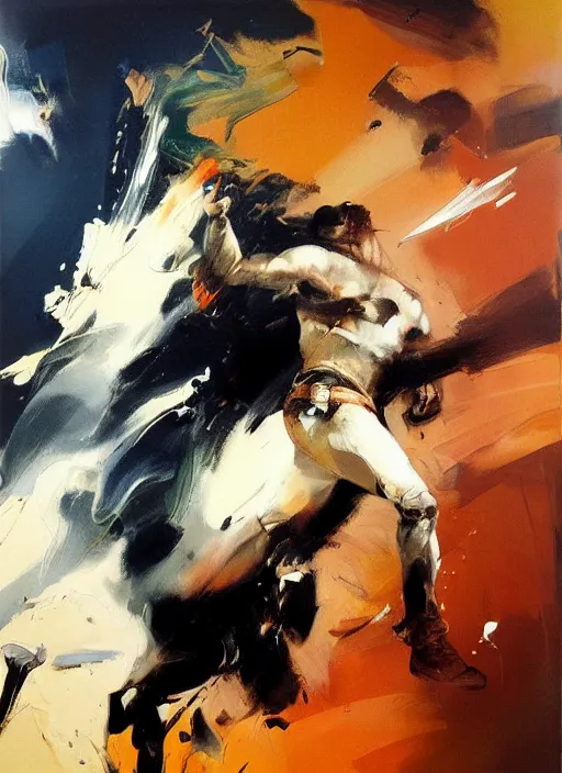 Prompt: howard hamlin patrick fabian shot, muzzle flare, head exploding, bullet line, painting by phil hale, francisco goya,'action lines '!!!, graphic style, visible brushstrokes, motion blur, blurry, hd image