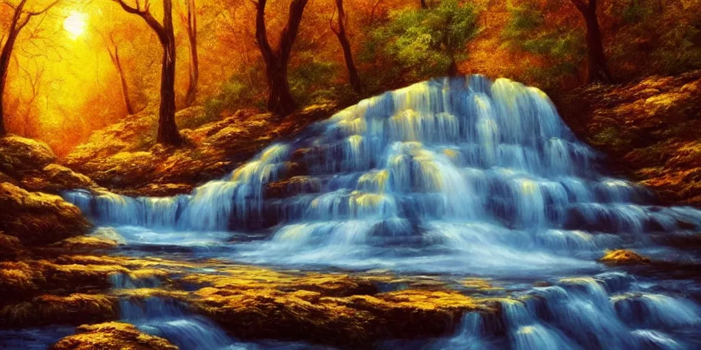 Prompt: golden hour waterfall nature landscape, matt painting, oil painting, ultra realistic, highly detailed, hd, sharp focus, cinematic lighting, warm colors, realistic, photorealistic, vivid colors, painting, non blurry, sharp, smooth, illustration