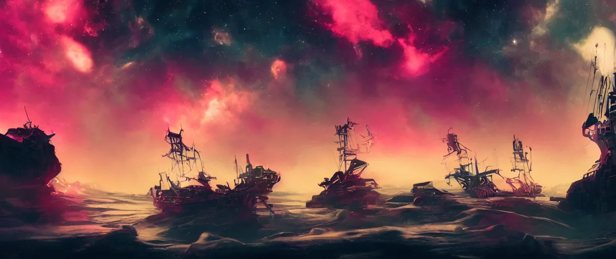 Prompt: space, portrait big dark punk, illustration, punk mohawk, stars, pink, neon, oil painting, rich deep colors masterpiece, pirate neon ship, ultra detailed, contrast, heaven pink, clouds, volumetric light, atmospheric lighting, dramatic, cinematic, moody, octane render 4 k, 8 k