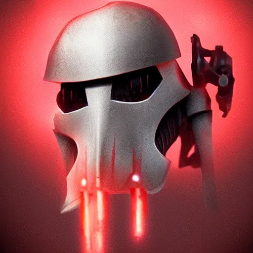 Image similar to general grievous head coming out of a red mist, trending on artstation, profile pic, centered, accurate anatomy, highly detailed, digital art,