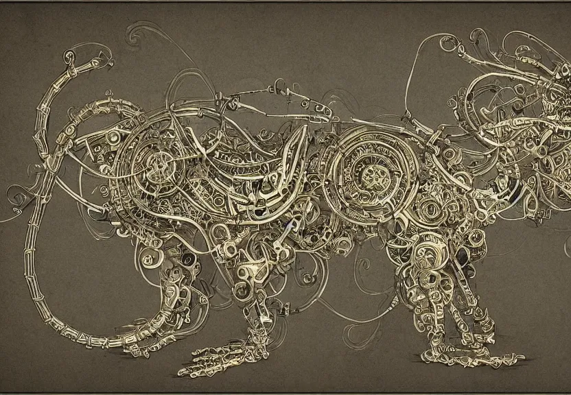 Image similar to schematic blueprint of highly detailed ornate filigreed convoluted ornamented elaborate cybernetic rat, art by da vinci