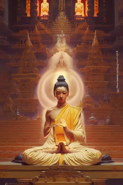 Image similar to temple, buddhism, impressionnisme, painting by greg rutkowski, j. c. leyendecker, artgerm