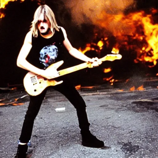 Image similar to photo of angry kurt cobain smashing a burning guitar on the ground