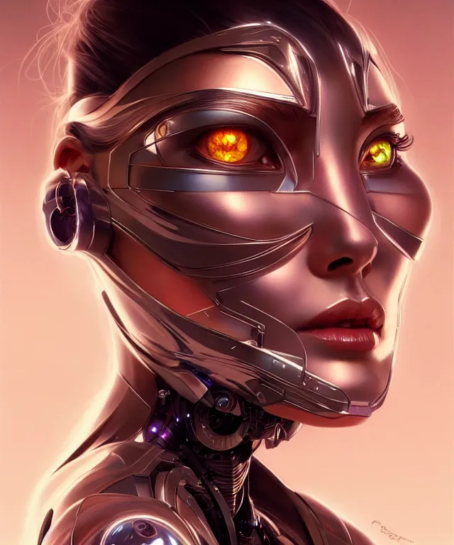 Image similar to futuristic woman Cyborg portrait, sci-fi, amber eyes, face, long hair, fantasy, intricate, elegant, highly detailed, digital painting, artstation, concept art, smooth, sharp focus, illustration, art by artgerm and greg rutkowski and alphonse mucha