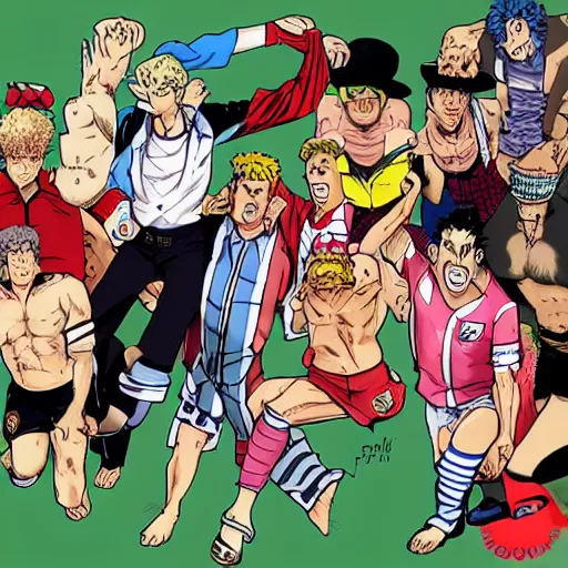 Image similar to drunk English football fans in Jojo's Bizarre Adventure by Hirohiko Araki