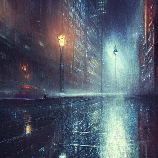 Prompt: nighttime in gotham city, wet pavement, street level looking up, light mist, fantasy, intricate, elegant, digital painting, trending on artstation, concept art, soft focus, illustration by greg rutkowski, Gaston Bussiere and artgerm, 4k.