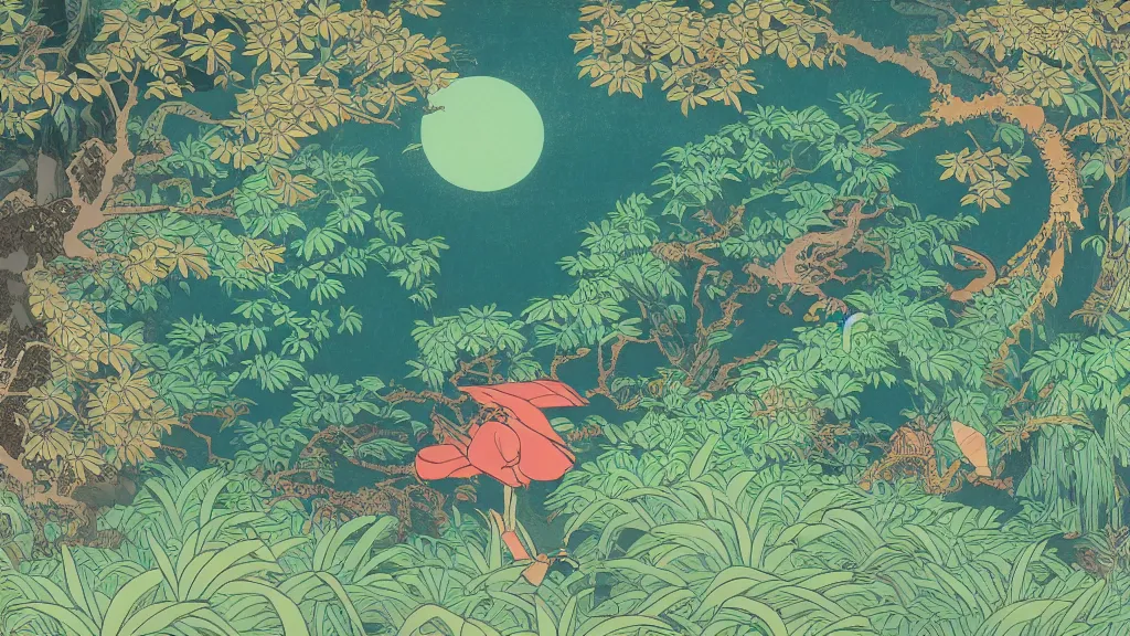 Image similar to a glowing magical jungle in the style of hokusai, firefly, fantasy, nature, pastel, digital art.