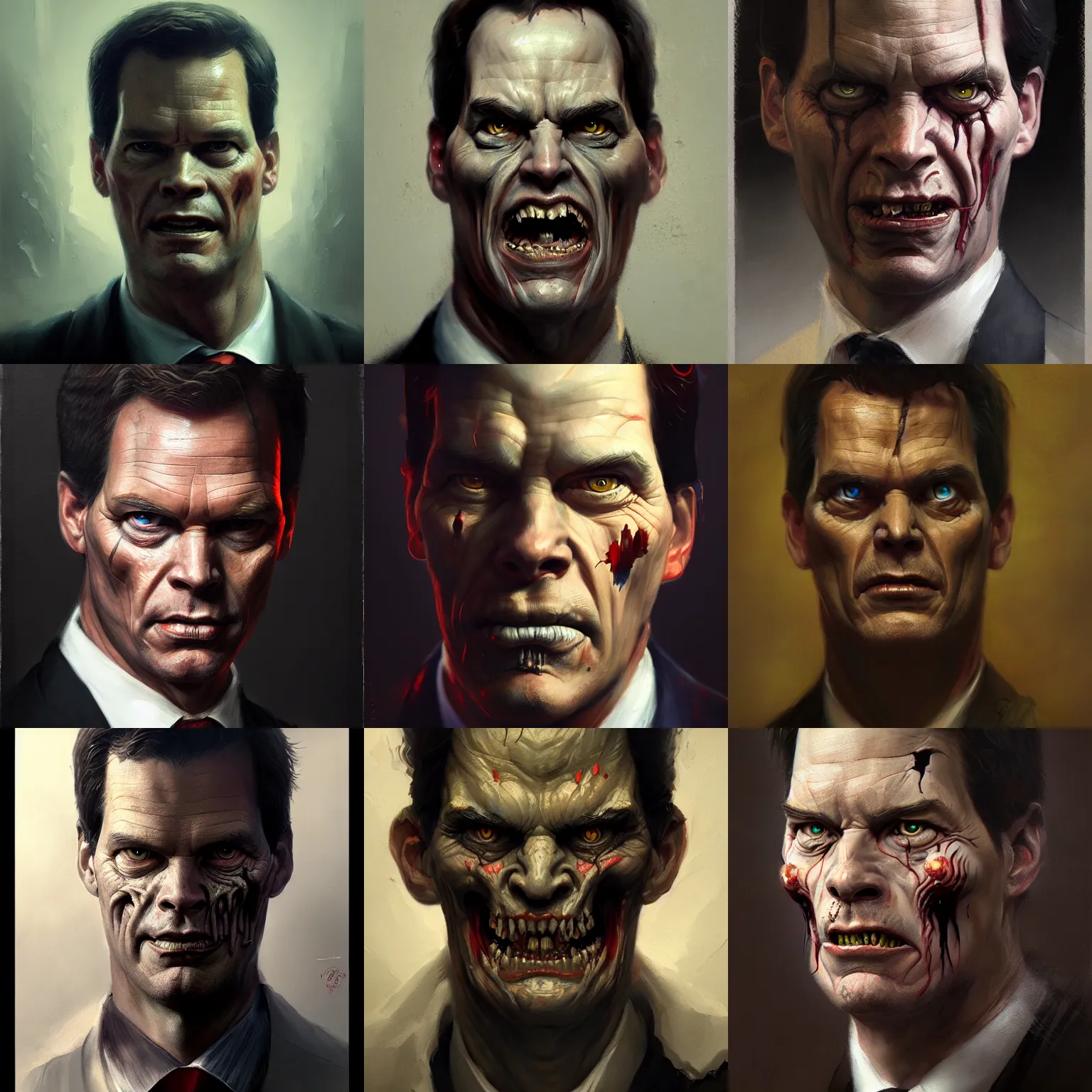 Prompt: A highly detailed portrait painting of scary, grotesque, demonic, unnerving Mark Rutte, Greg Rutkowski, trending on artstation