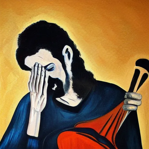 Image similar to oil painting of a greek rebetiko musician crying in the dark corner of a dirty room, light and shadow, paint knife, stylised