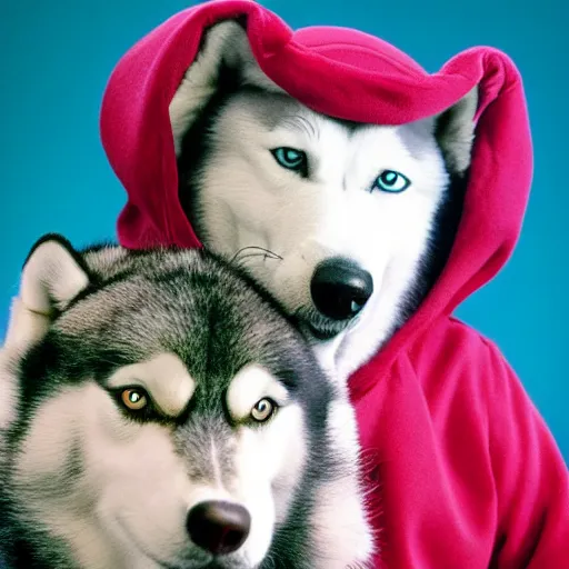 Image similar to anthropomorphic husky holding Snoop Dogg for a 1990s sitcom tv show, Studio Photograph, portrait, C 12.0