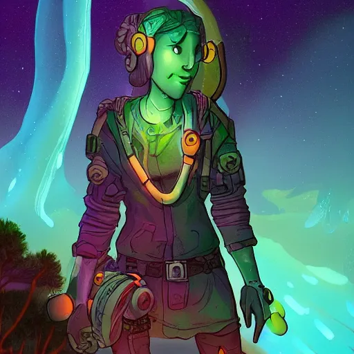 Image similar to a rugged adventurer, she is surrounded by bioluminescence in a glowing alien jungle, fantasy