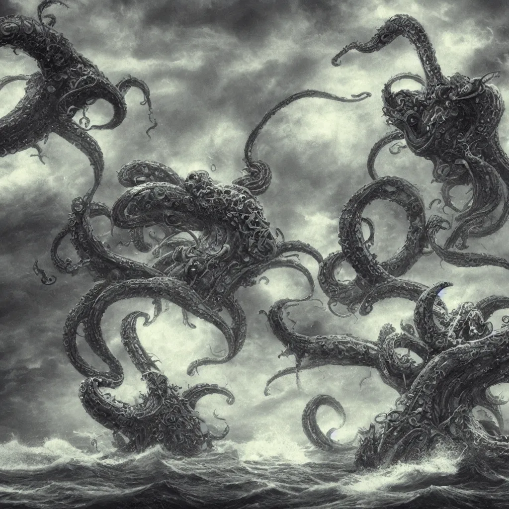 Prompt: A 600 meter high cthulhu fighting against a 500 meter Kraken on a stormy sea with boats around., photoreal