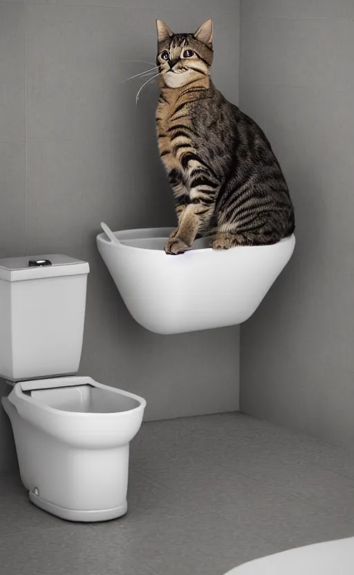 Image similar to photorealistic painting of a cat sitting in a toilet. high quality. unreal engine, embers flying, hyper realism, realistic shading, cinematic composition, blender render, octane render, ultrawide shot, photorealistic. hq. hd. 4 k. award winning. trending on artstation