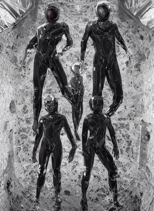 Image similar to astronauts in dark and empty void underwater - complex and hyperdetailed technical suit. reflection and dispersion materials. rays and dispersion of light. volumetric light. 5 0 mm, f / 3 2. noise film photo. flash photography. ultra realistic, wide angle. poster by wayne barlowe, hajime sorayama aaron horkey, craig mullins