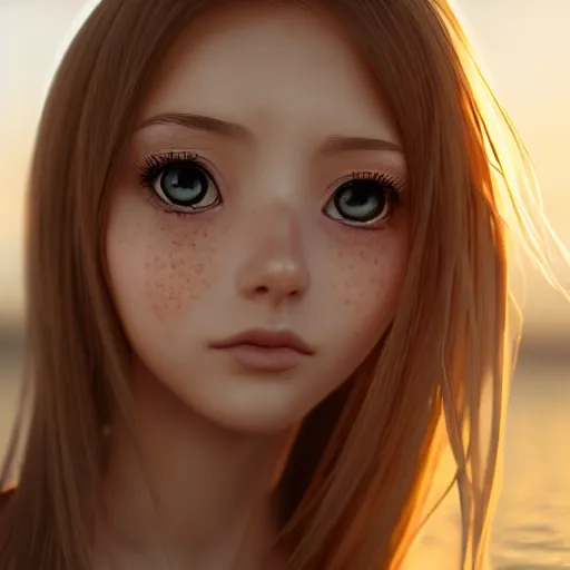 Image similar to Render of a very beautiful 3d anime girl, long hair, hazel eyes, cute freckles, full round face, short smile, cute sundress, golden hour, serene beach setting, medium shot, mid-shot, highly detailed, trending on Artstation, Unreal Engine 4k